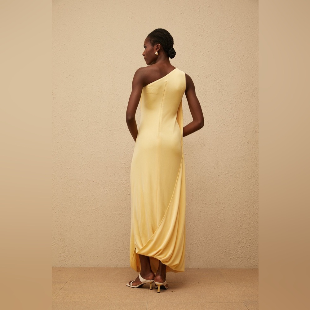 Garance Yellow Draped Asymmetrical Maxi Dress - Picture 2 of 8